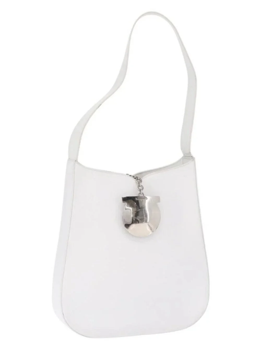 Salvatore Ferragamo Gancini Shoulder Bag Leather White Silver Auth BA9272